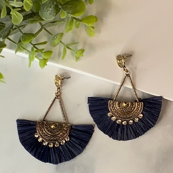 Navy Blue Half Circle Fan Shape Raffia Straw Earrings - Picture 2 of 4